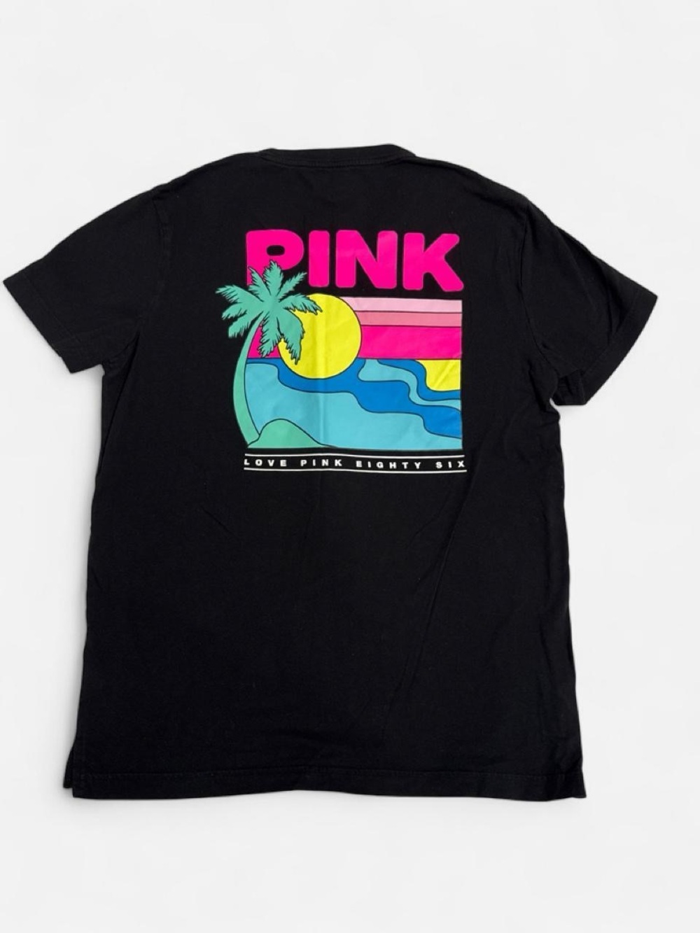 PINK Victoria's Secret Black Short Sleeve Tee with Neon Beach Graphic